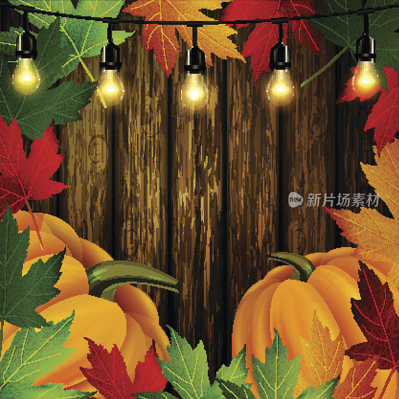 秋天的叶子框架和南瓜木制纹理