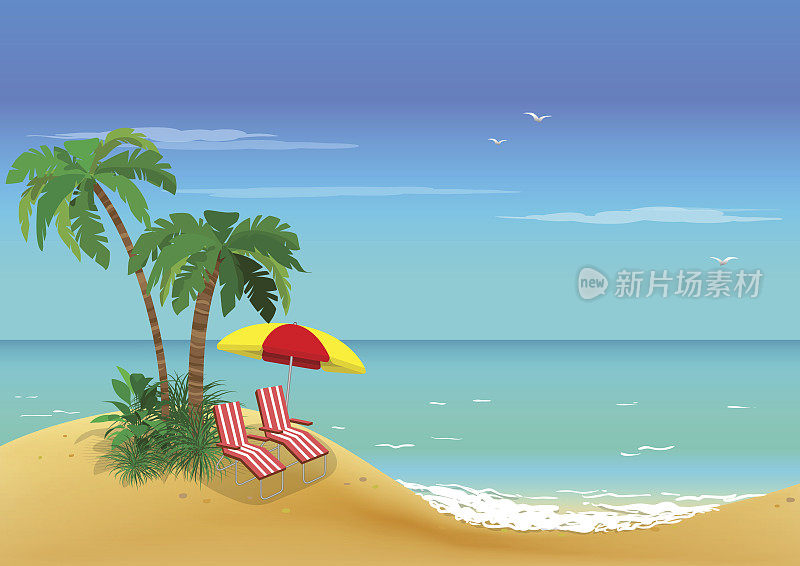 海的看法。棕榈树和沙滩上的日光浴椅。向量的背景