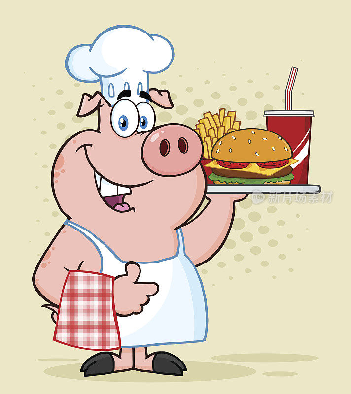 快乐厨师猪卡通吉祥物拿着一盘快餐，竖起大拇指