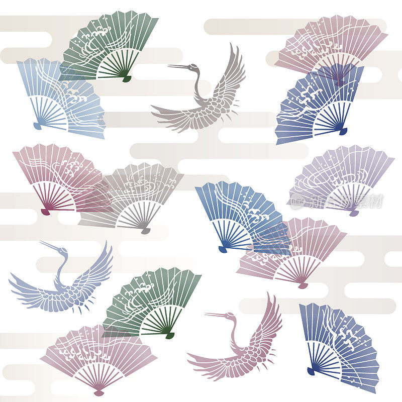 手扇和鹤日式传统图案插图