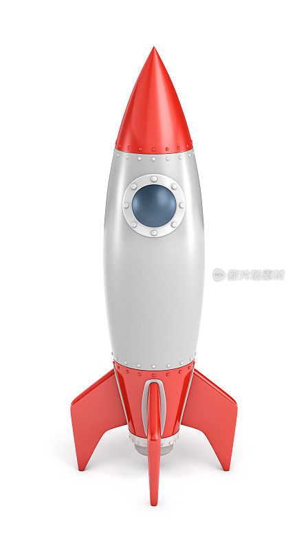 一个银色和红色的火箭船与一个圆形舷窗孤立在白色背景的3d渲染。