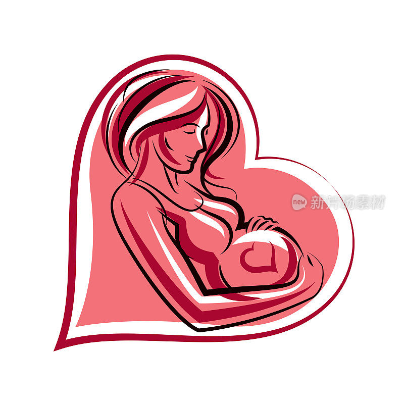 美丽的孕妇身体轮廓被心形框架包围。母亲绘制矢量插图。幸福和关怀的主题。