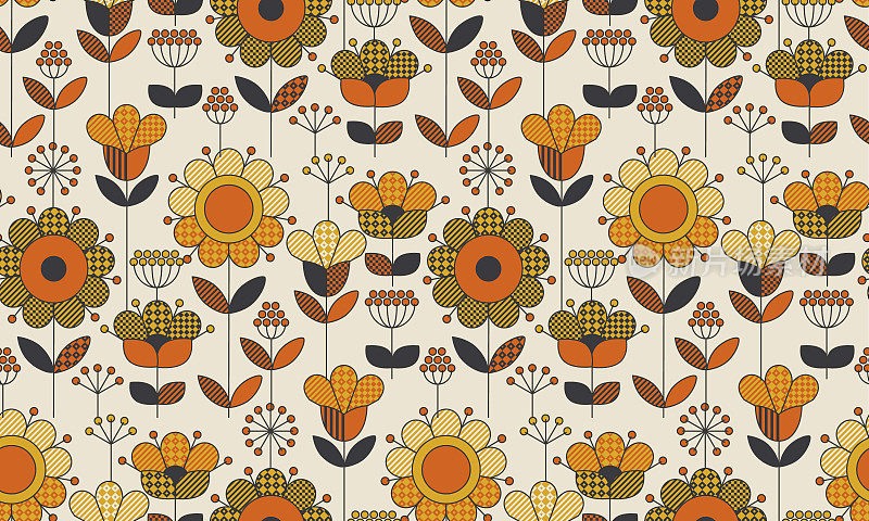 简单的几何花卉无缝图案。复古60年代的向日葵主题在秋季橙色和黄色的颜色。装饰花矢量插图。