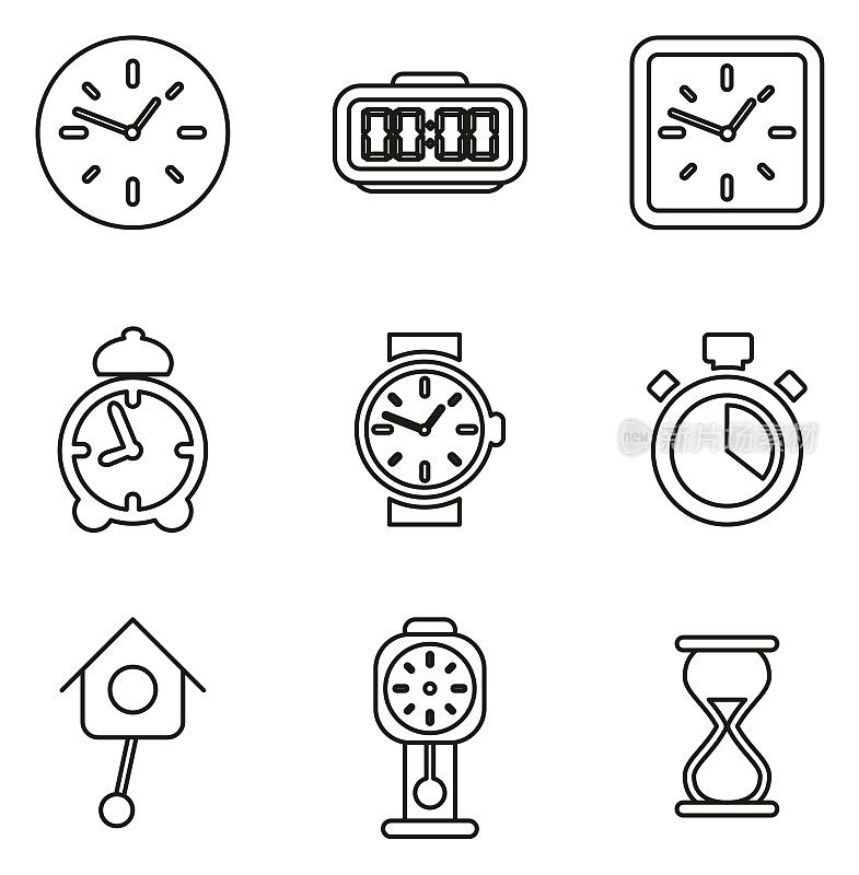 时钟或手表图标细线矢量插图集