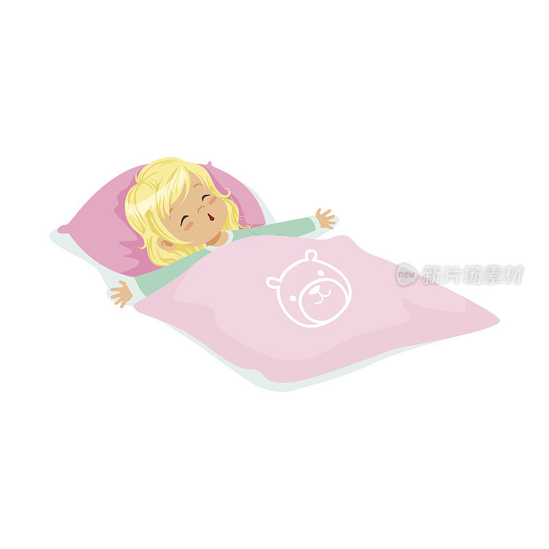 甜美的金发小女孩睡在她的床上卡通人物矢量插图