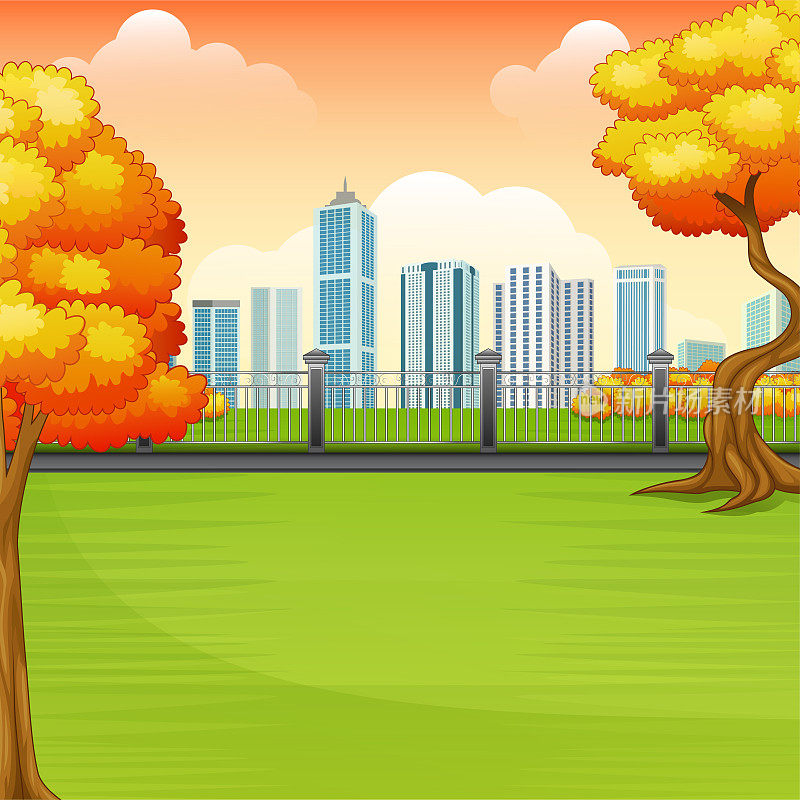 美丽的秋季公园与城市建筑