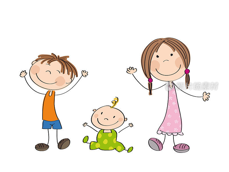 快乐的孩子-三个快乐的孩子-男孩，女孩和一个小婴儿的原始手绘插图