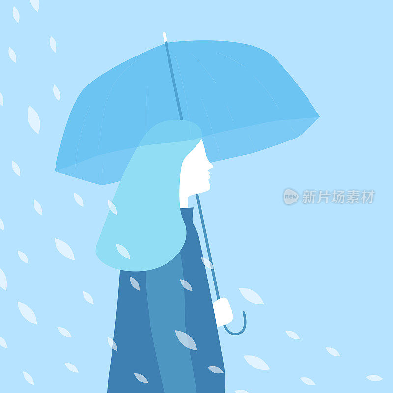 带着伞在雨中行走的女人。矢量图