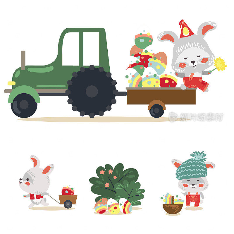 套装复活节兔子驾驶汽车与卡车，装饰鸡蛋猎人抱满篮子，可爱的白兔汽车司机狩猎，快乐的节日矢量贺卡，春天野兔孤立插图
