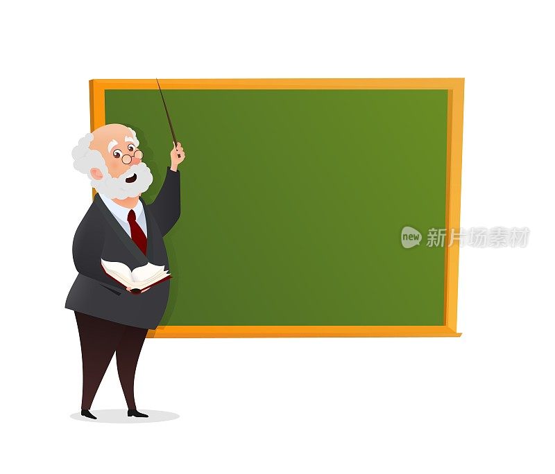 矢量教师角色在黑板上孤立矢量插图。教授在黑板旁边讲课，手里拿着一本书和一根教鞭。