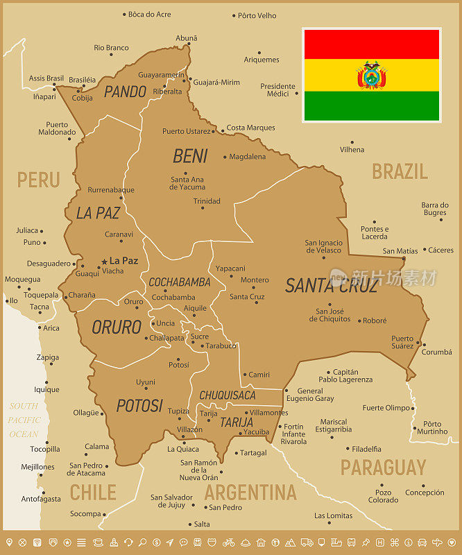 玻利维亚的地图。矢量插图与国旗和导航图标设置