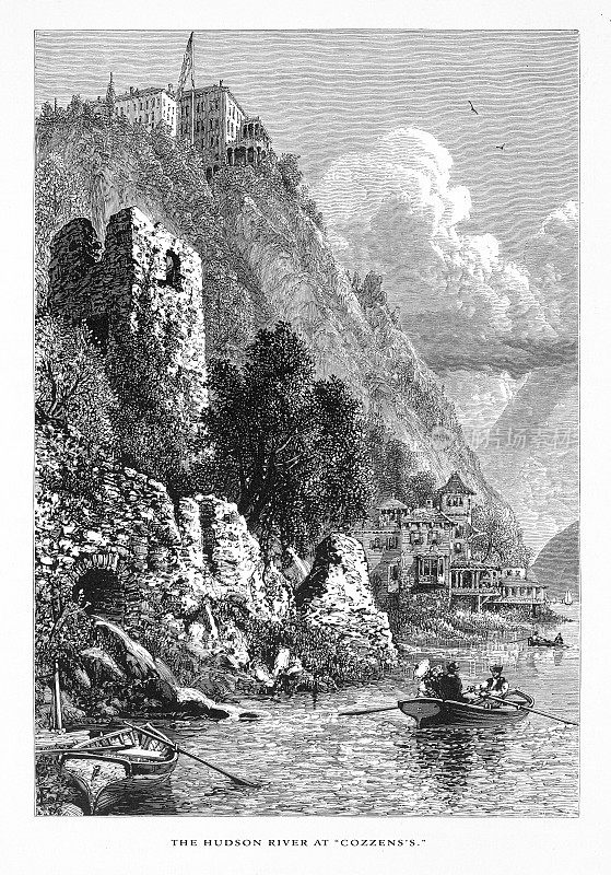 科曾斯和西点的哈德逊河，美国纽约，美国维多利亚版画，1872年
