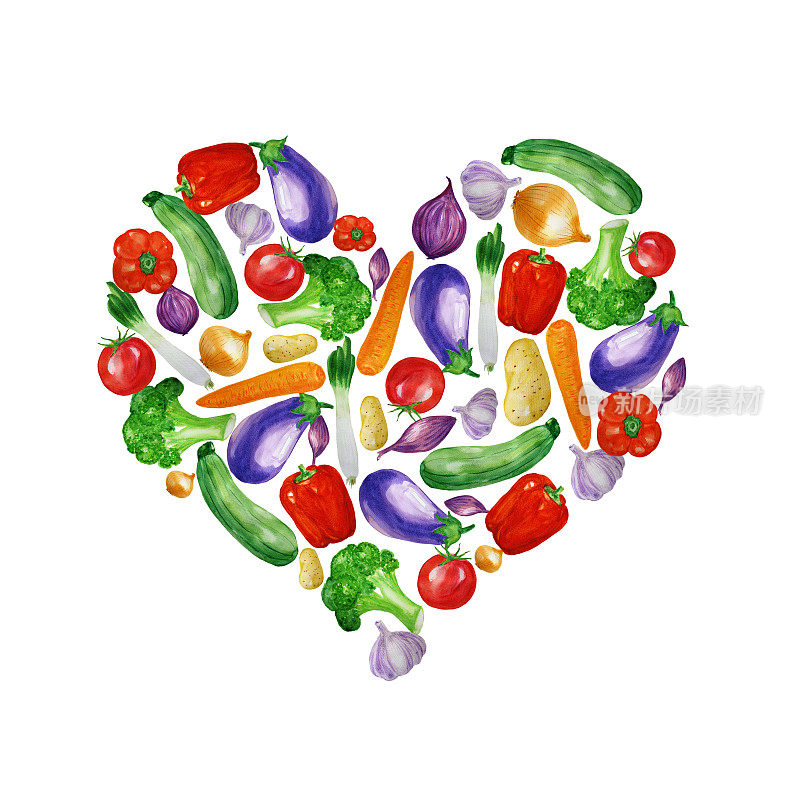 用水彩蔬菜将西红柿、洋葱、红辣椒、茄子等排列成心形。食谱，食谱设计，包，包装。食品的背景。