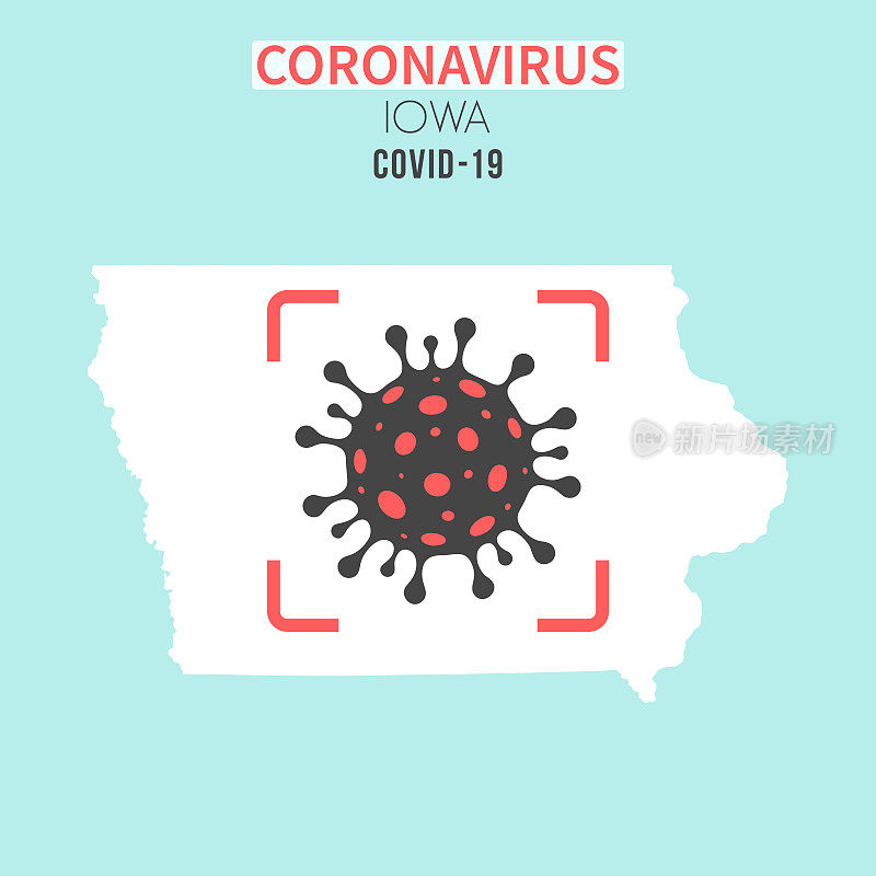 爱荷华州地图，红色取景器中有冠状病毒细胞(COVID-19)