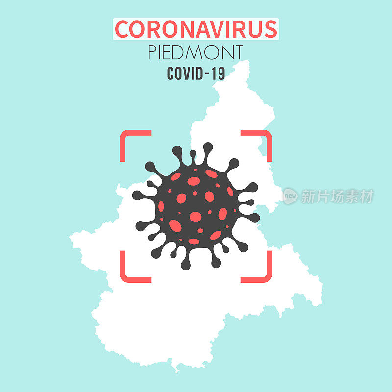 皮埃蒙特地图，红色取景器中有冠状病毒细胞(COVID-19)