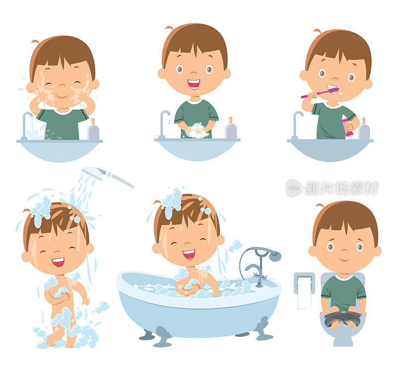 男孩洗脸、洗手、刷牙、洗澡、便后洗手