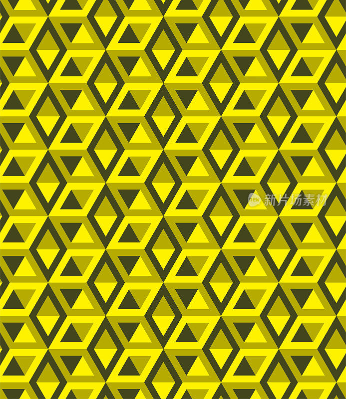 抽象的立方体图案，完全无缝。3d黄色矢量几何壁纸，立方体图案背景。光学错觉。