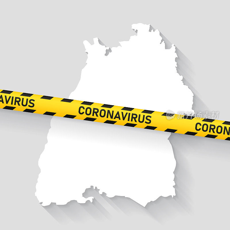 巴登-符腾堡州地图与冠状病毒警告胶带。Covid-19爆发