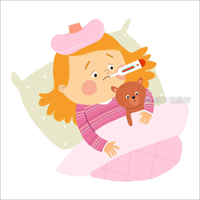一个白种小女孩病在床上拿着体温计抱着泰迪熊。卡通手绘10插图孤立在白色背景在一个平坦的风格。