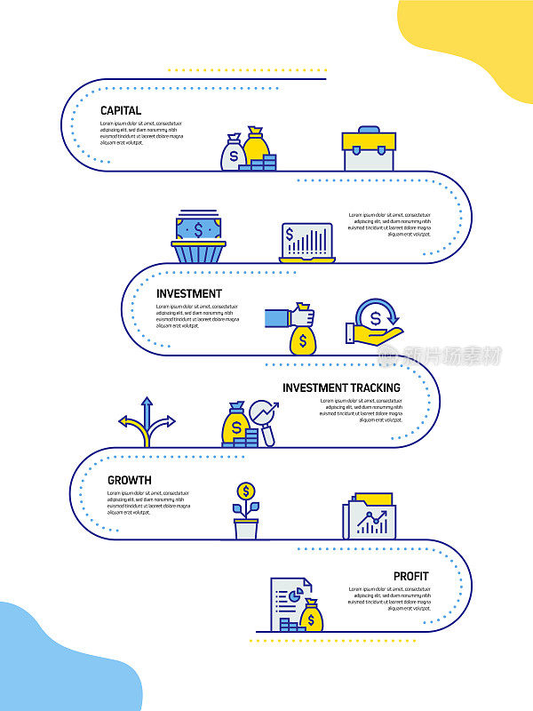 投资相关流程信息图模板。过程时间图。使用线性图标的工作流布局