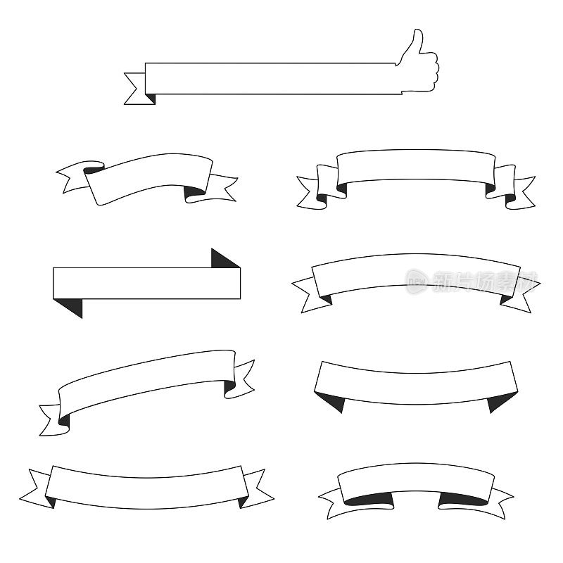 一套丝带，横幅(轮廓，线条艺术)-设计元素在白色的背景