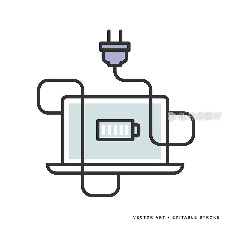 单线图标-笔记本电脑与缠结的电源电缆