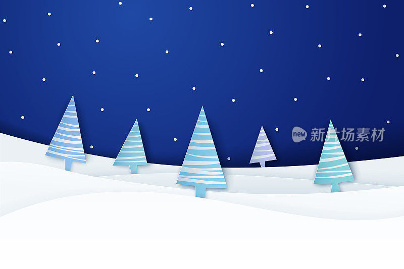 剪纸圣诞场景与夜空和冷杉树