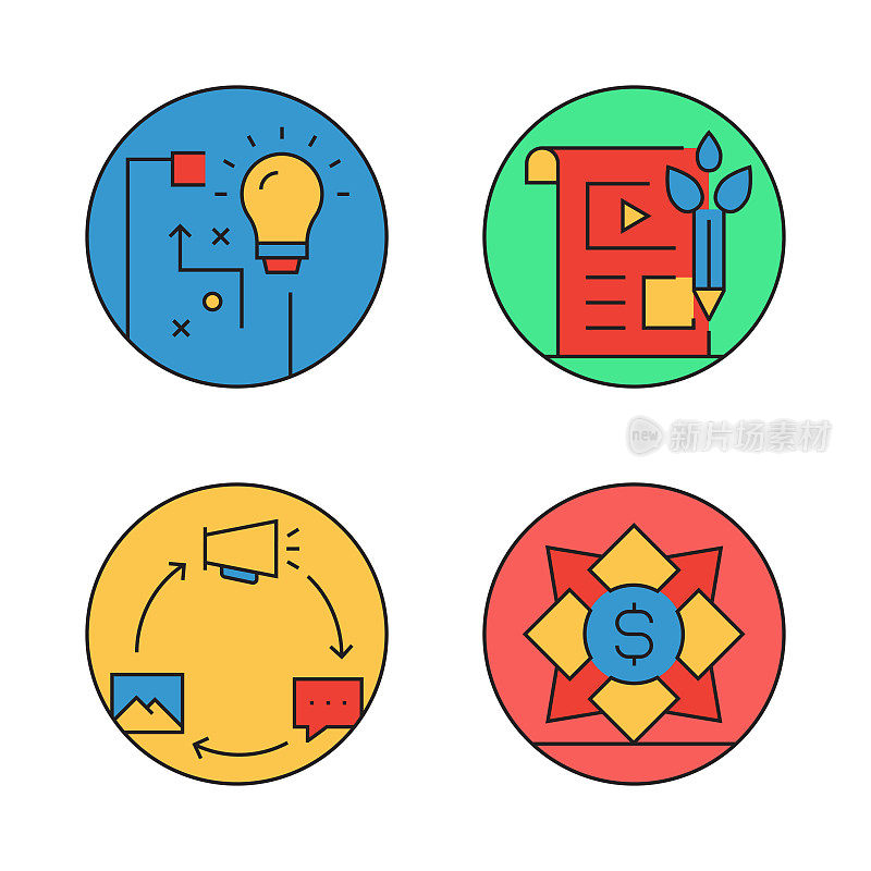 内容营销平面线图标，轮廓向量符号插图。