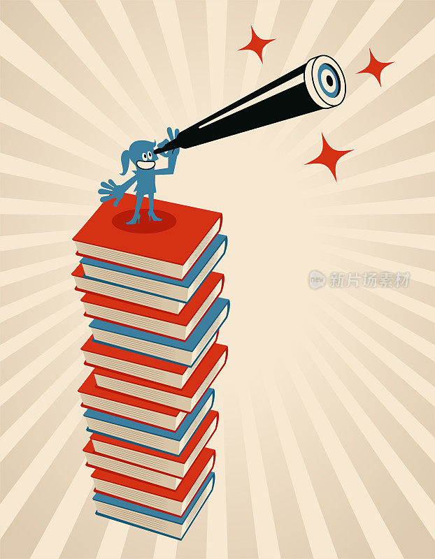 一位妇女站在一堆书上，用手提望远镜看东西;永远不要停止学习;投资自己;让学习更进一步;知识是帮助我们前进的力量