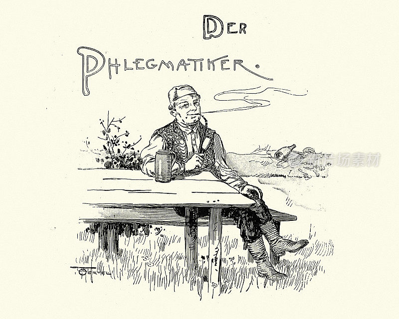 舒适的人放松，抽烟斗，啤酒杯，维多利亚德国19世纪