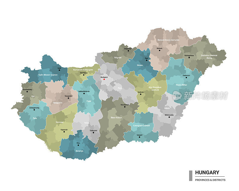 匈牙利高详细地图与细分。匈牙利行政地图与地区和城市的名称，颜色由州和行政区域。矢量插图。