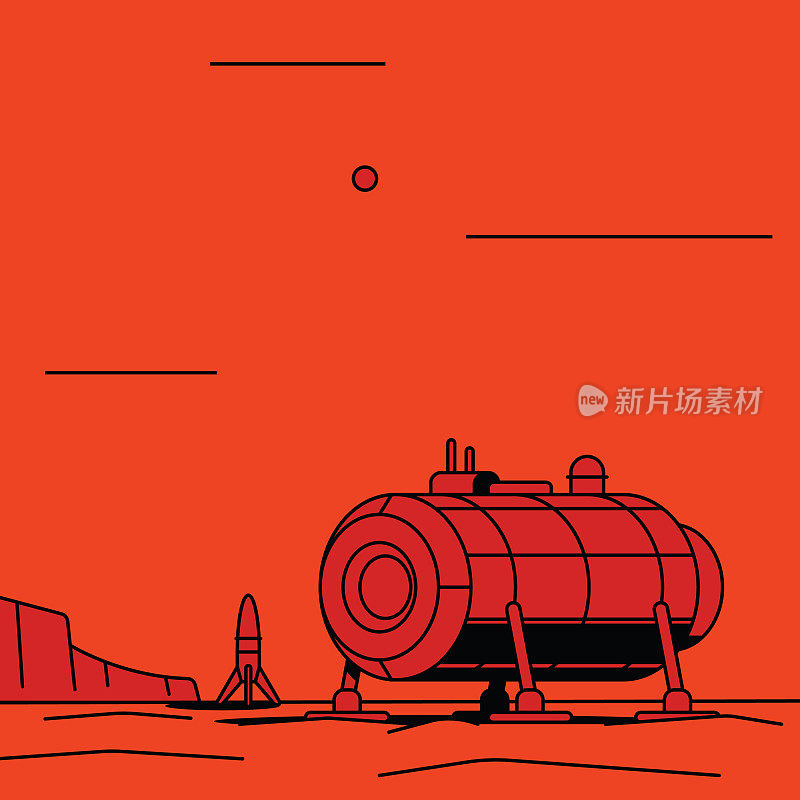 第一个基地在火星表面，用一个返回火箭和火星景观和一个小太阳在背景。平面和大胆的设计，明亮的单色和鲜明的黑色阴影。温暖的橙色。