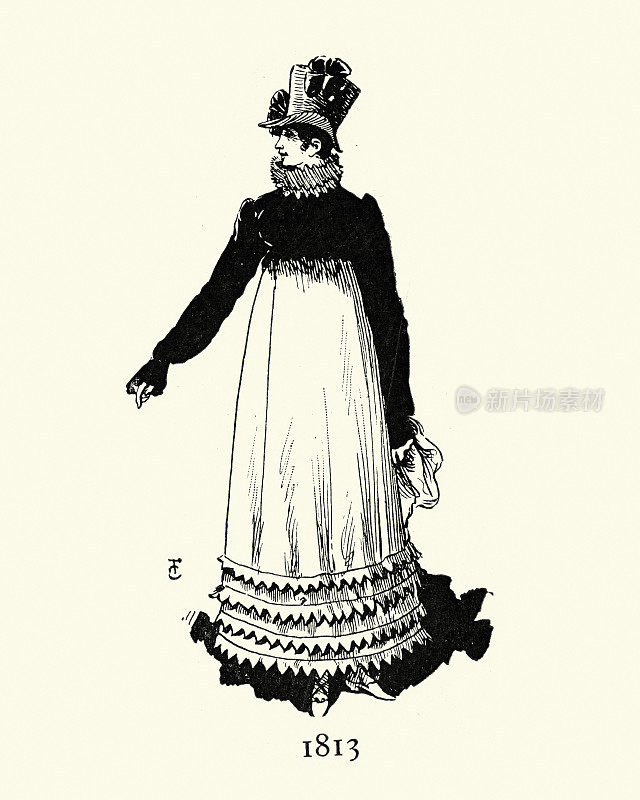 妇女穿着高腰连衣裙，高顶礼帽，流行于19世纪早期