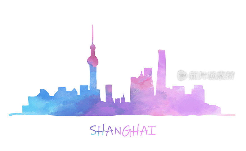 上海城市天际线彩色水彩风格插画。