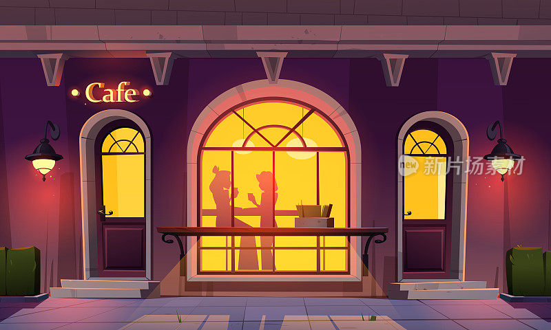咖啡馆里的女孩，自助餐厅窗户旁的妇女剪影