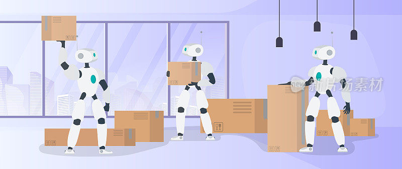 机器人在制造仓库工作。机器人搬运箱子和搬运货物。未来的交货、运输和货物装载概念。向量。