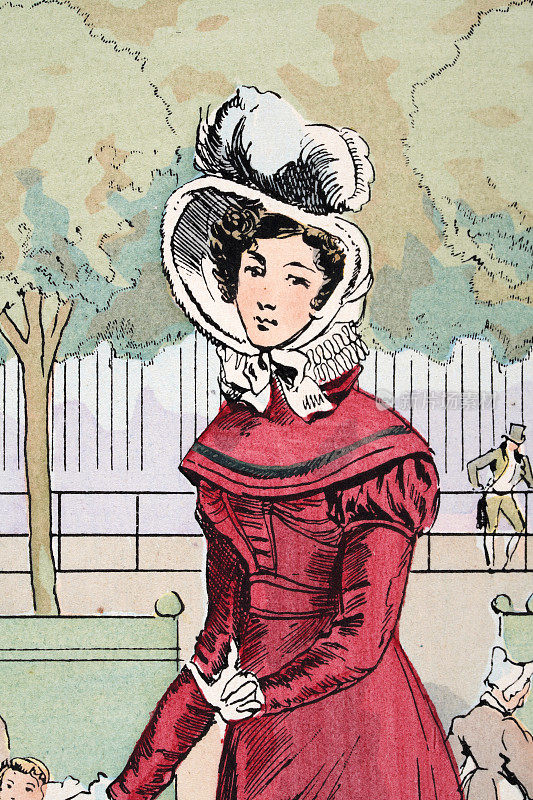 年轻女子身穿红色连衣裙，头戴无边帽，19世纪早期法国时装，时期服装