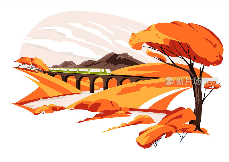 火车高架桥在秋天的黄山之间。与高山草甸。橙色的火车。野生自然草，乡村树木。秋平彩景