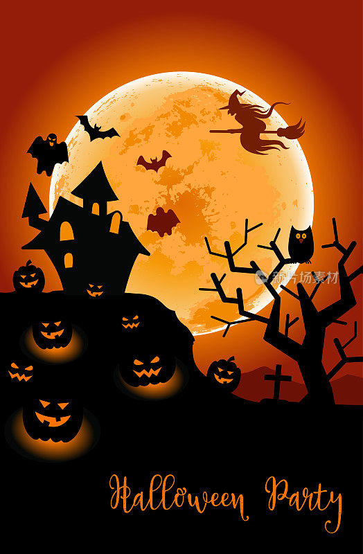 万圣节的夜晚背景有一个月亮，闹鬼的房子，墓地，南瓜和飞行的女巫