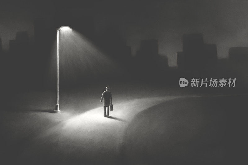 神秘男子在街道光线下独自行走的插画，超现实抽象的概念
