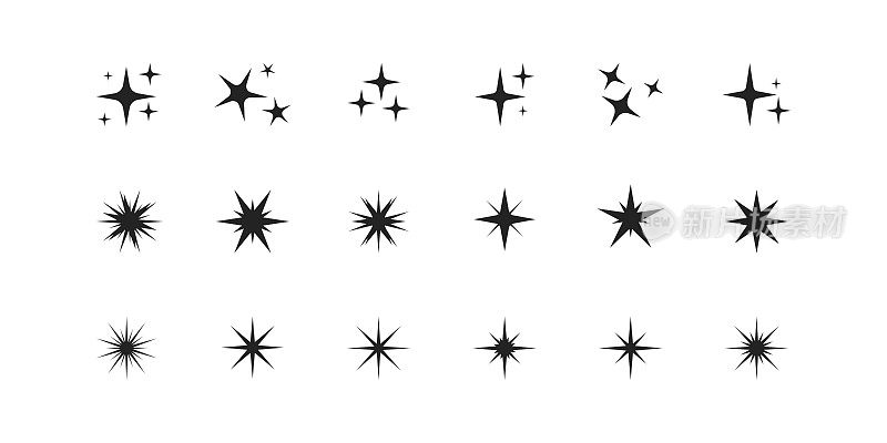 闪光符号向量。这组矢量星闪耀的图标。明亮的烟花，装饰闪烁，闪闪发光。发光的光效应恒星和爆发收集。向量EPS10。
