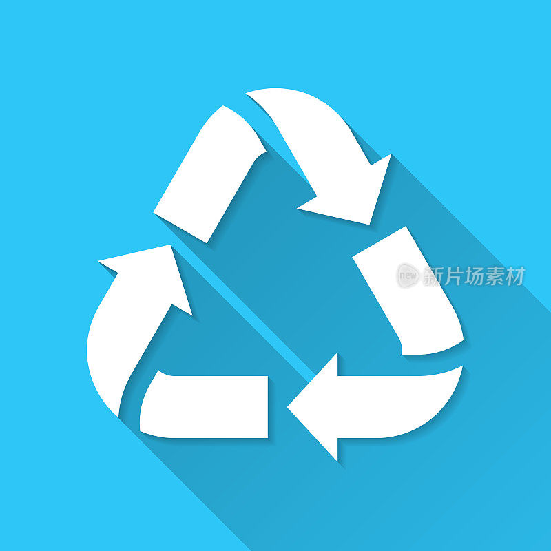 “回收利用”。蓝色背景上的图标-长阴影平面设计