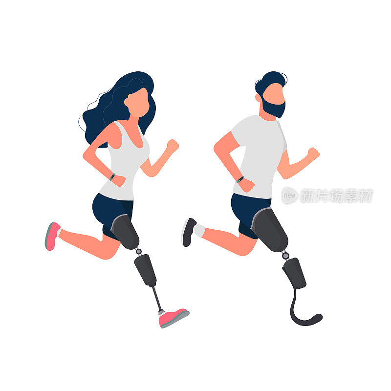 一群装着假肢的人。一男一女戴着假肢在跑步。孤立。向量。