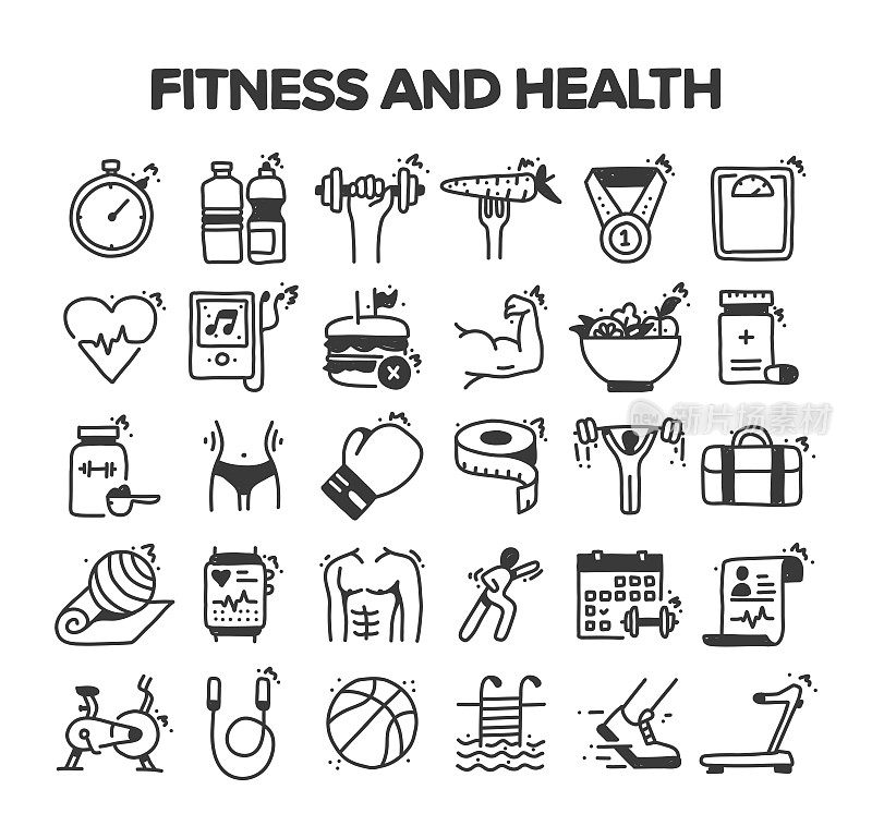健身和健康相关手绘矢量涂鸦图标集