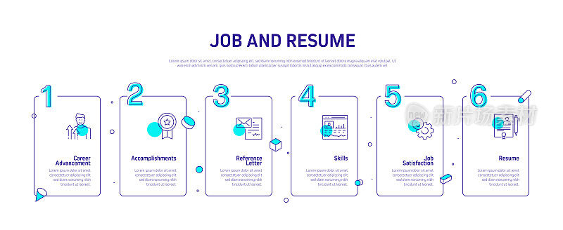 工作和简历相关流程信息图表模板。过程时间图。带有线性图标的工作流布局