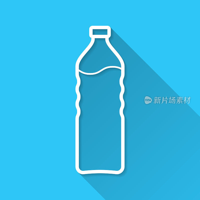 一瓶水。图标在蓝色背景-平面设计与长阴影