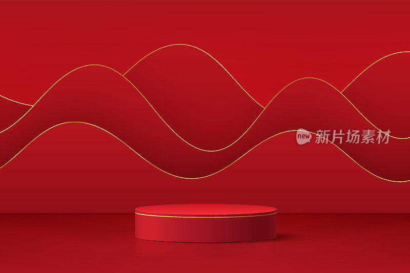 逼真的红色3D圆柱体底座与层波浪形背景。最小场景的产品展示，推广展示。摘要工作室平台设计。快乐元宵概念。