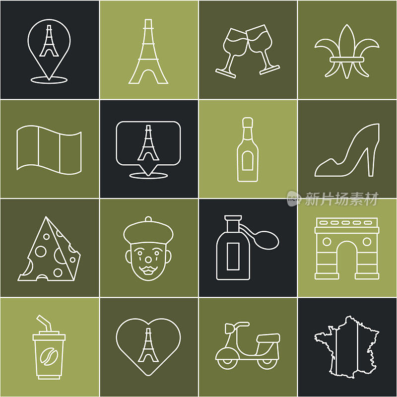 设置线地图的法国，凯旋门，女人的鞋子，酒杯，埃菲尔铁塔，旗帜，和香槟酒瓶图标。向量