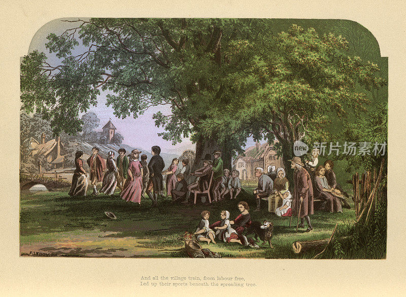 村民们在老橡树下跳舞、玩耍，传统的英国场景，维多利亚时代，19世纪
