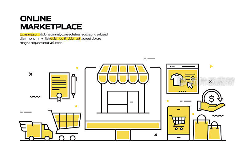 网上购物概念，线风格矢量插图